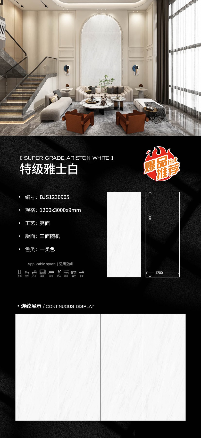 BJS1230905 · 1200×3000 mm · 9 mm · Glossy sintered stone