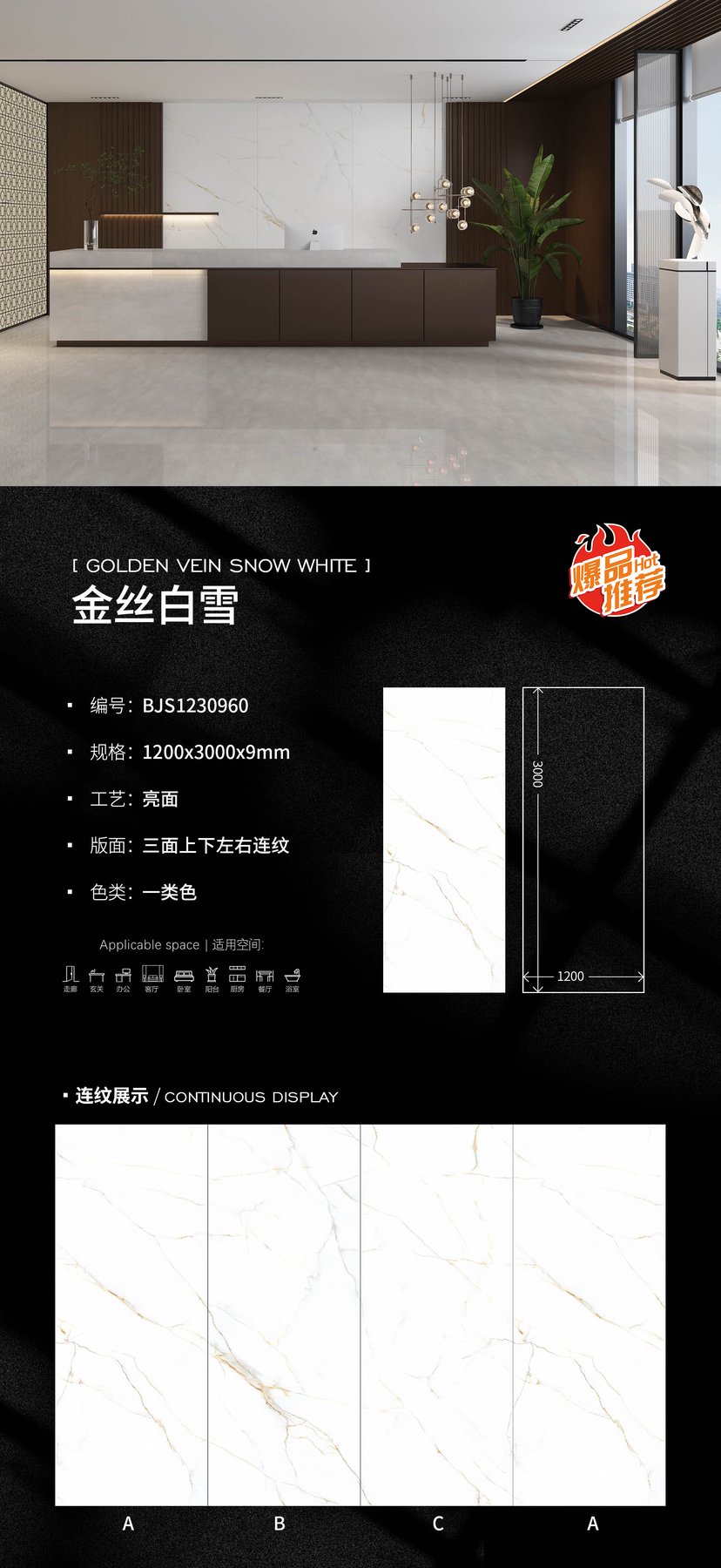 BJS1230960 · 1200×3000 mm · 9 mm · Glossy sintered stone