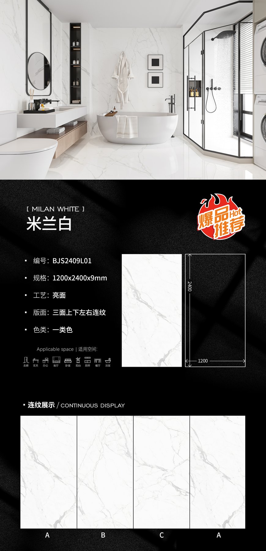 BJS2409L01 · 1200×2400 mm · 9 mm · Glossy sintered stone
