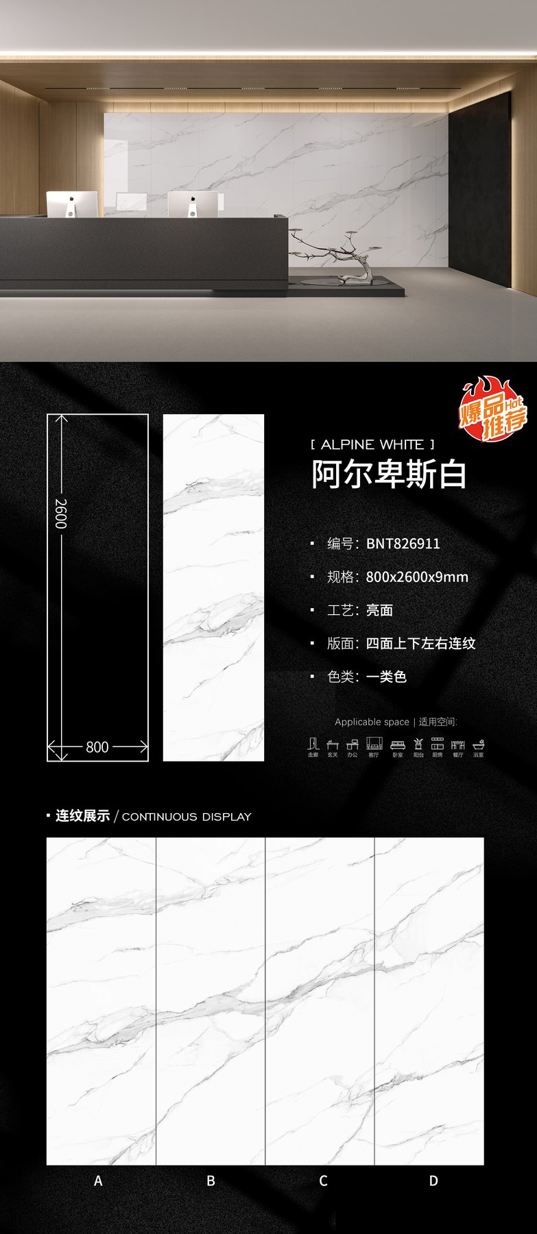 BNT826911 · 800×2600 mm · 9 mm · Glossy sintered stone