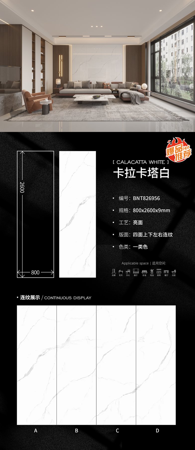 BNT826956 · 800×2600 mm · 9 mm · Glossy sintered stone