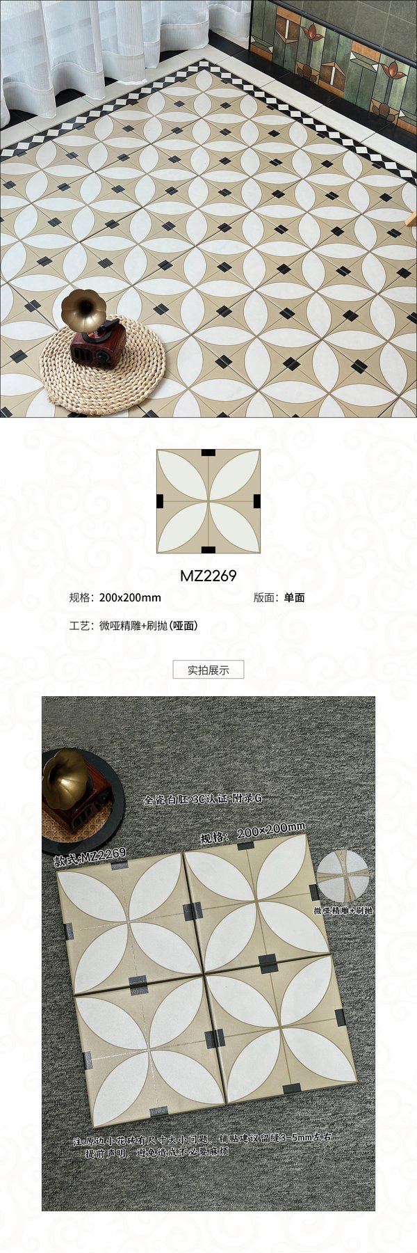 MZ2269 · 200×200 mm · Thickness confirmed per order · Matte sintered stone