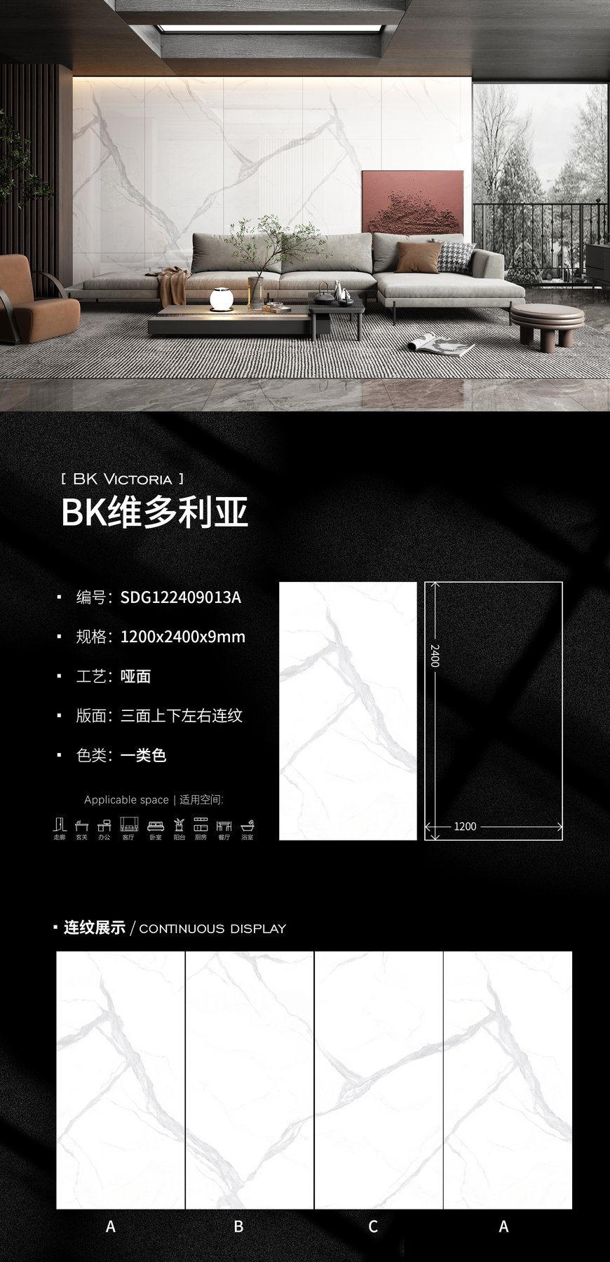 SDG122409013ABK · 1200×2400 mm · 9 mm · Matte sintered stone