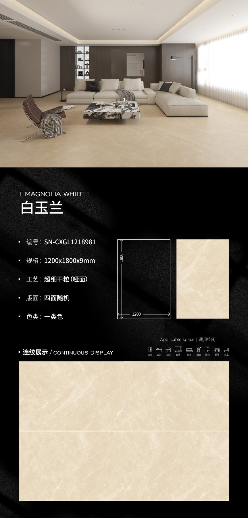 SN-CXGL1218981 · 1200×1800 mm · 9 mm · Dry-granule sintered stone