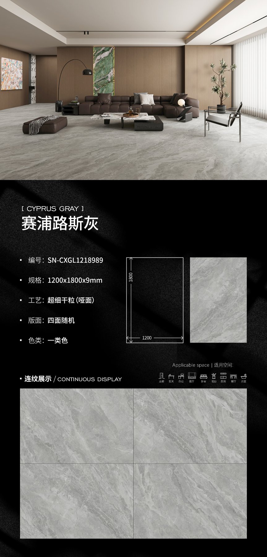 SN-CXGL1218989 · 1200×1800 mm · 9 mm · Dry-granule sintered stone