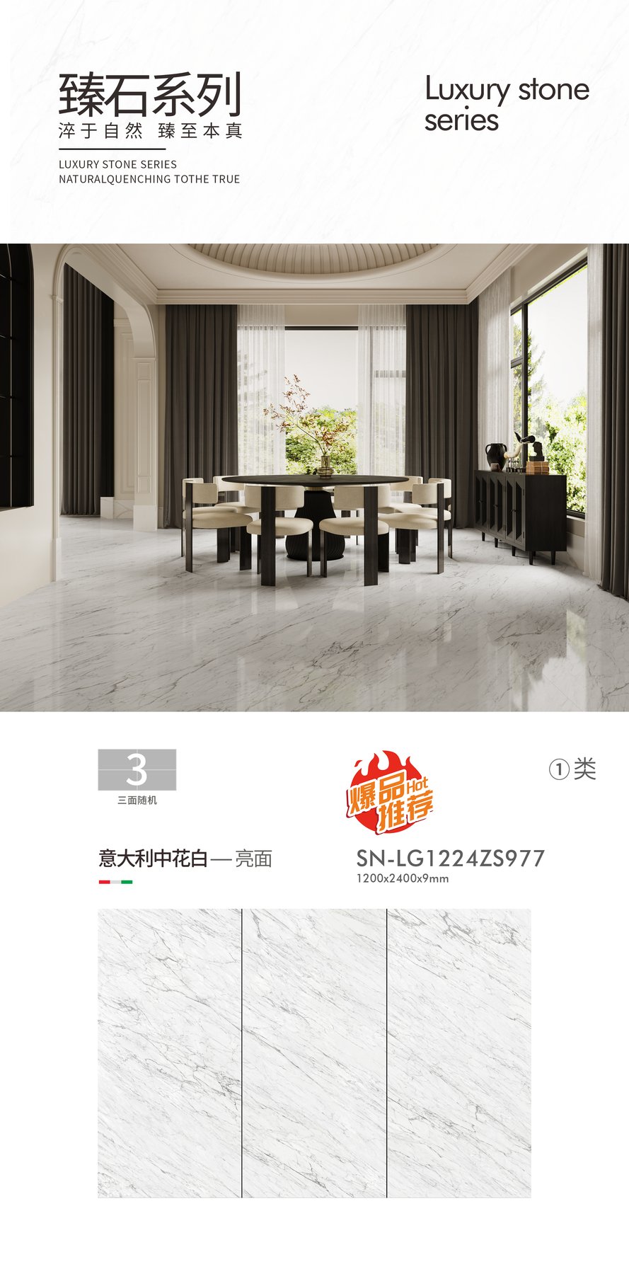 SN-LG1224ZS977 · 1200×2400 mm · 9 mm · Glossy sintered stone