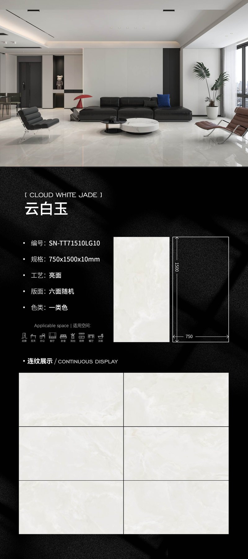 SN-TT71510LG10 · 750×1500 mm · 10 mm · Glossy sintered stone